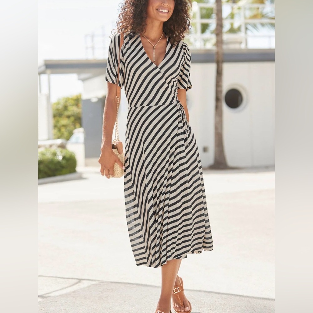Lascana for Venus Faux Wrap Viscose Midi Dress Black & White Stripes- size L